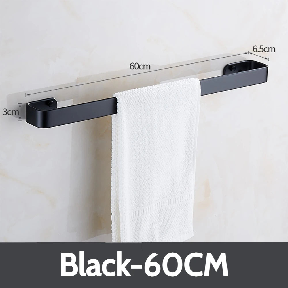 Matte Black No Drill Wall Mounted 30-60cm Towel Rack Bathroom Towel Bar Aluminum Single Towel Rack Bathroom Accessories Hardware