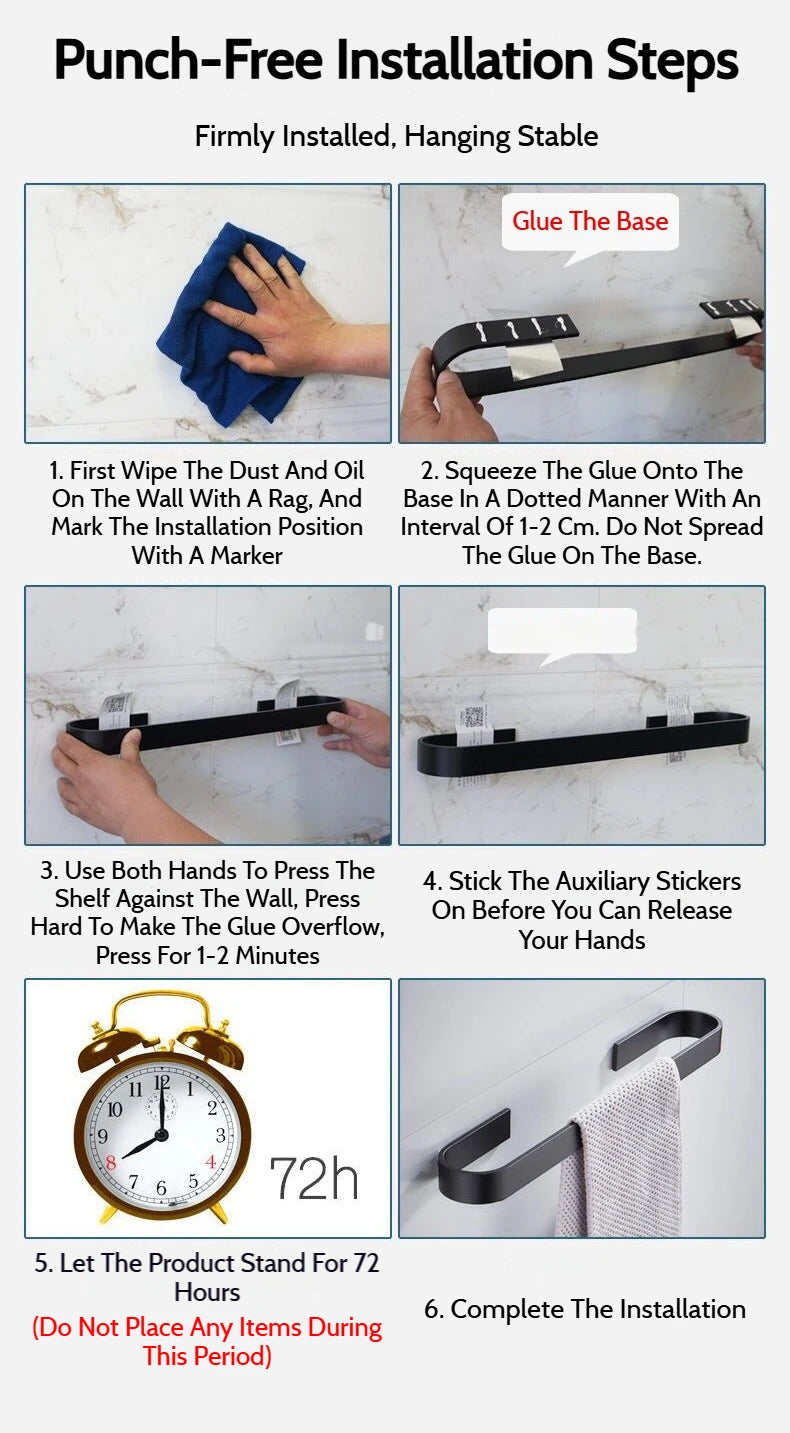 Matte Black No Drill Wall Mounted 30-60cm Towel Rack Bathroom Towel Bar Aluminum Single Towel Rack Bathroom Accessories Hardware