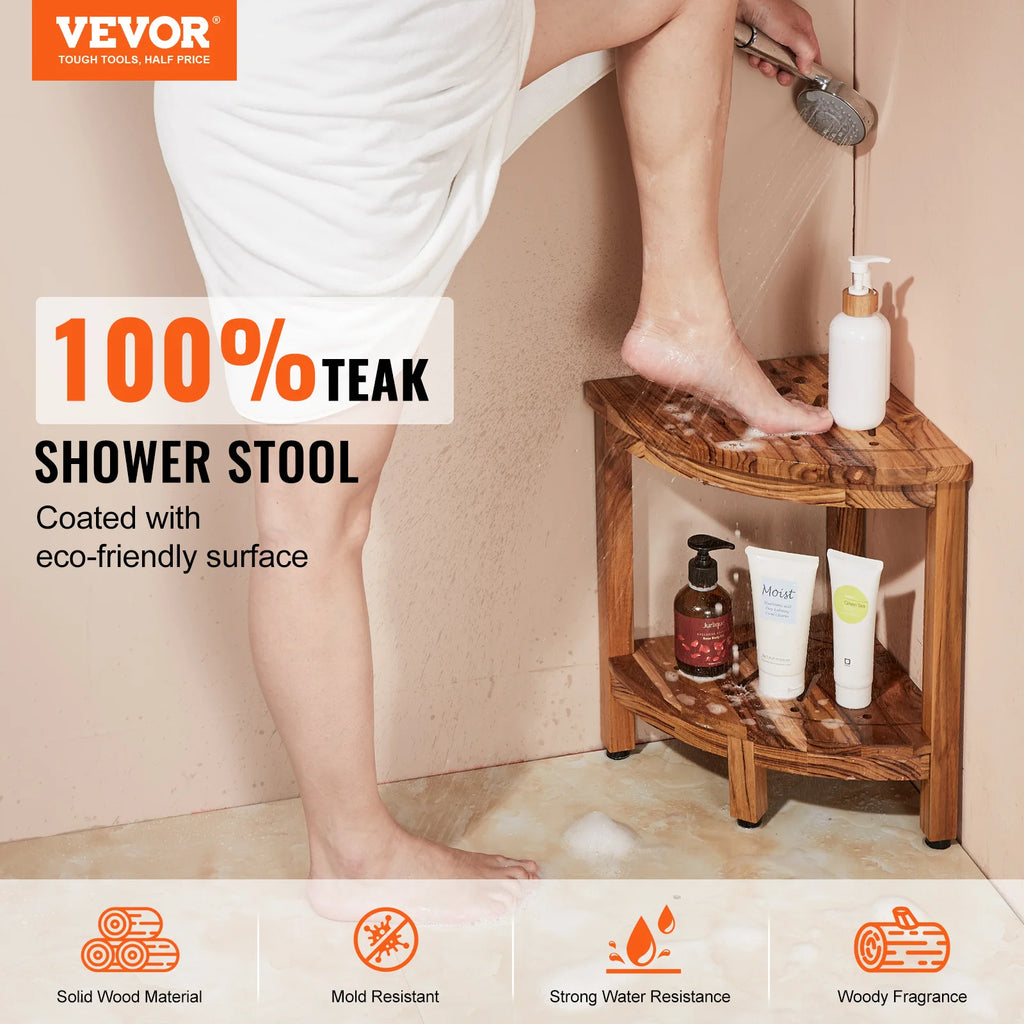 SucceBuy Corner Teak Shower Bench 100% Teak Wood Corner Shower Beach Mold resistant Shower Stool Inside Outside Shower Bathroom