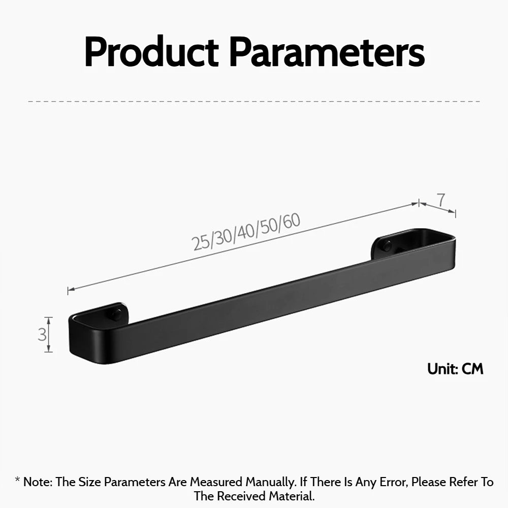 Matte Black No Drill Wall Mounted 30-60cm Towel Rack Bathroom Towel Bar Aluminum Single Towel Rack Bathroom Accessories Hardware