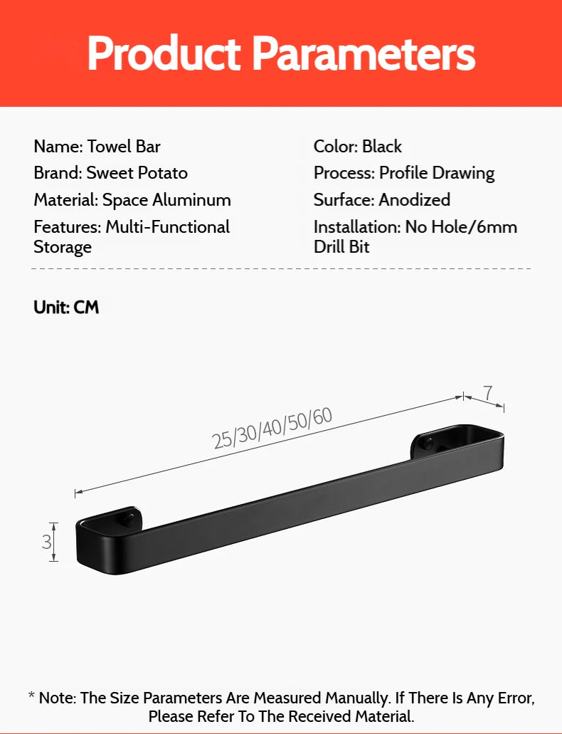 Matte Black No Drill Wall Mounted 30-60cm Towel Rack Bathroom Towel Bar Aluminum Single Towel Rack Bathroom Accessories Hardware