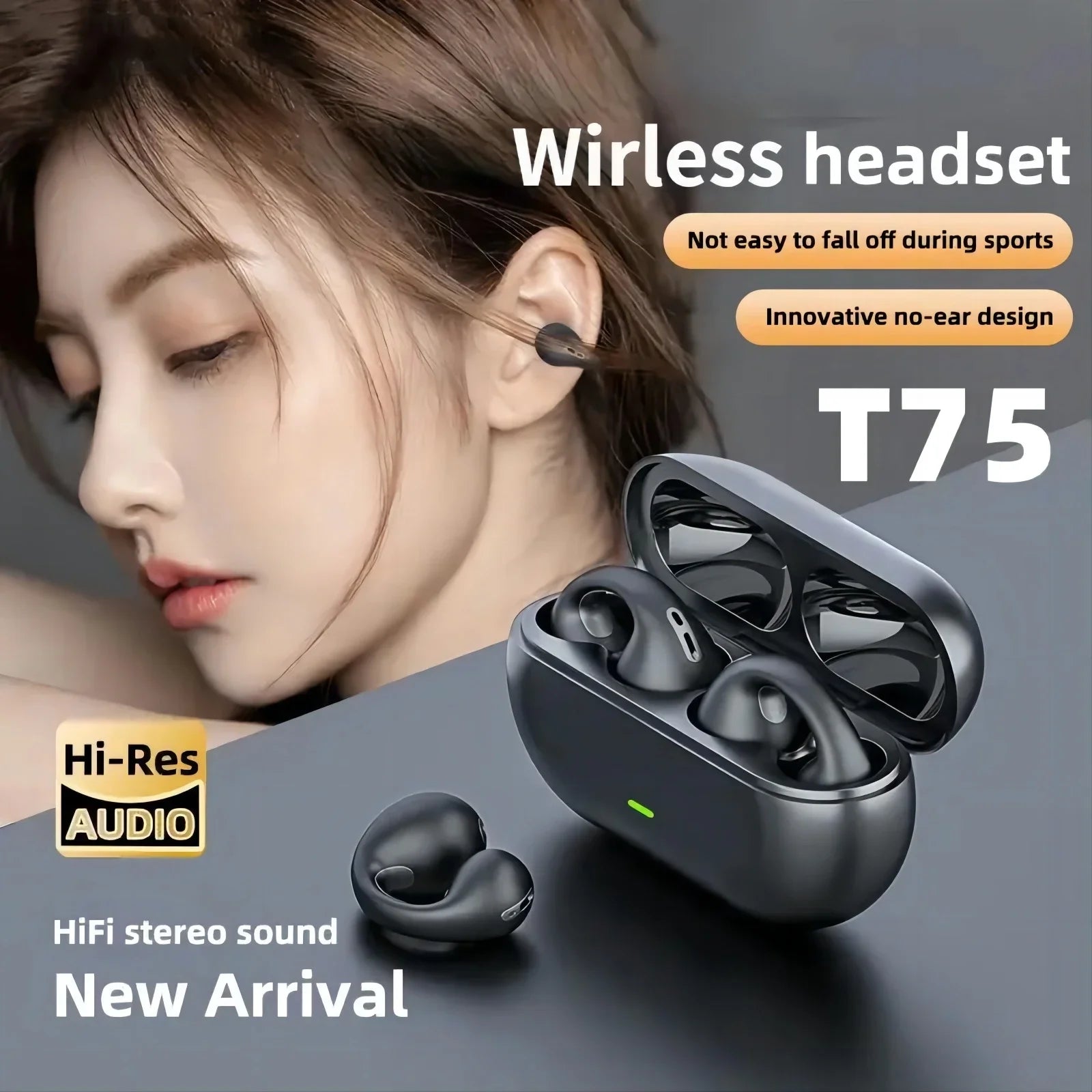 Chengtuo T75 Headphones Bluetooth5.3 Earphones with Charging Box Ows ear clip headphones Sport Earbuds Headset for Smartphone