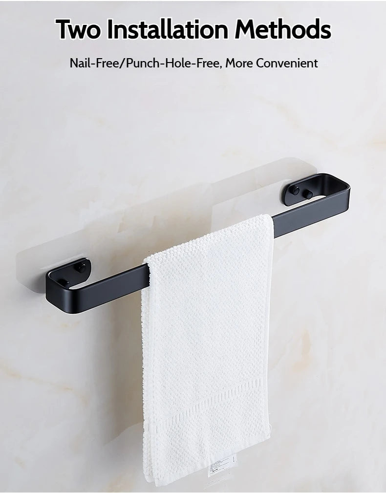 Matte Black No Drill Wall Mounted 30-60cm Towel Rack Bathroom Towel Bar Aluminum Single Towel Rack Bathroom Accessories Hardware