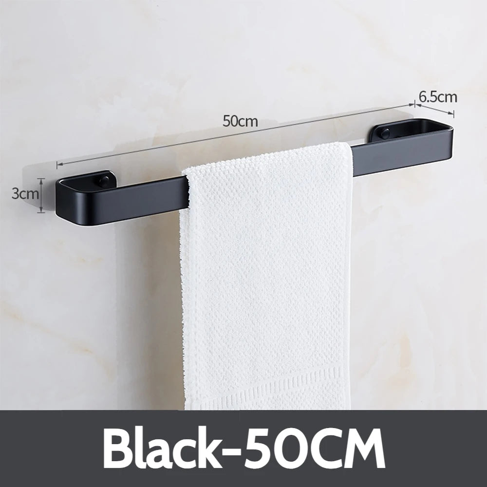 Matte Black No Drill Wall Mounted 30-60cm Towel Rack Bathroom Towel Bar Aluminum Single Towel Rack Bathroom Accessories Hardware